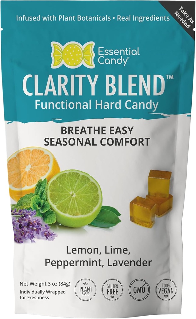 Clarity Blend Functional Hard Candy (en anglais seulement) Soutien saisonnier Respirez plus facilement (en anglais seulement) Citron biologique, chaux, menthe poivrée, lavande (en anglais seulement) Sans gluten, sans OGM, végétalien - 24 comtes (paquet de 1)