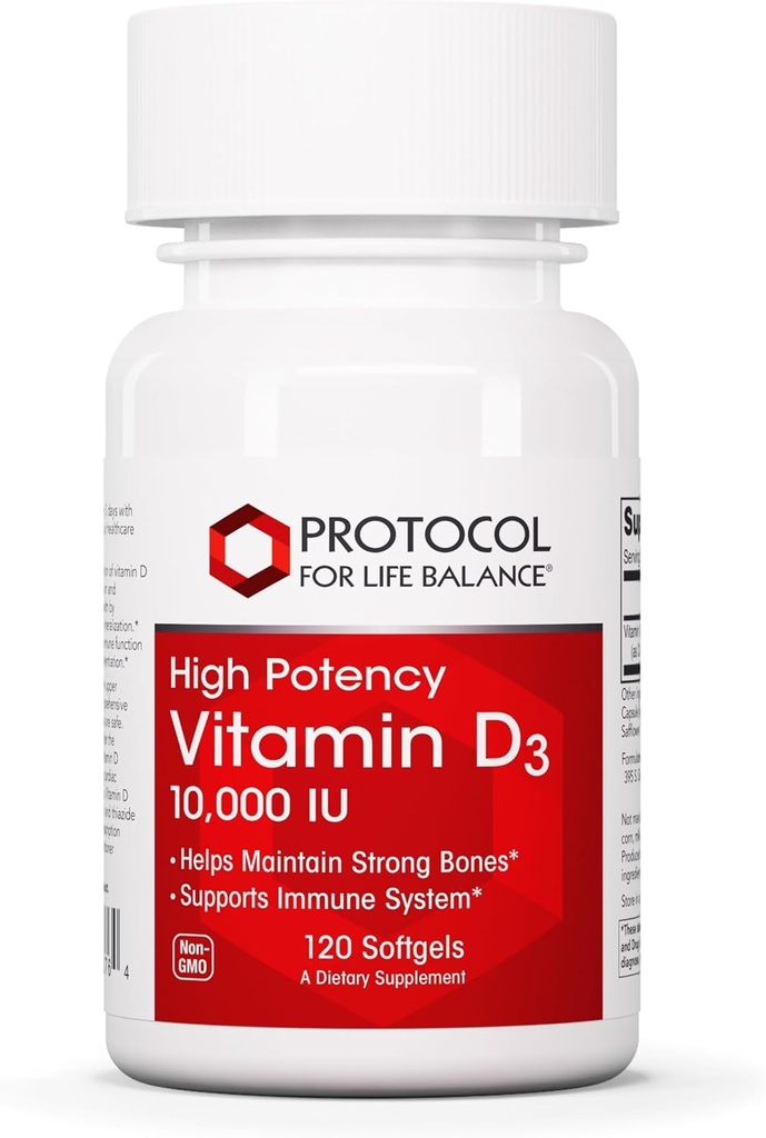 PROTOCOLE POUR LA BALANCE VIE Vitamine D3 10 000 UI - Soutien immunitaire Bons et dents de santé - 120 Softgels