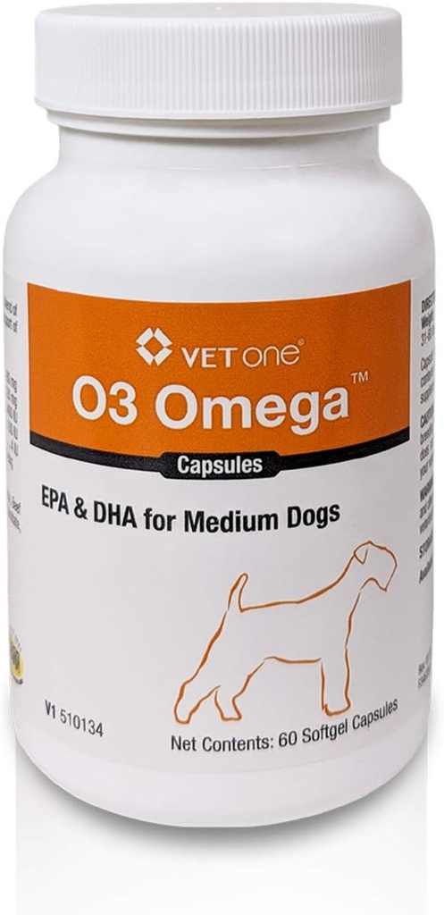 VetOne O3 Omega Soft Gel pour chiens moyens - Support pour acides gras essentiels - Supplément de peau et de manteau - 60 Capsules