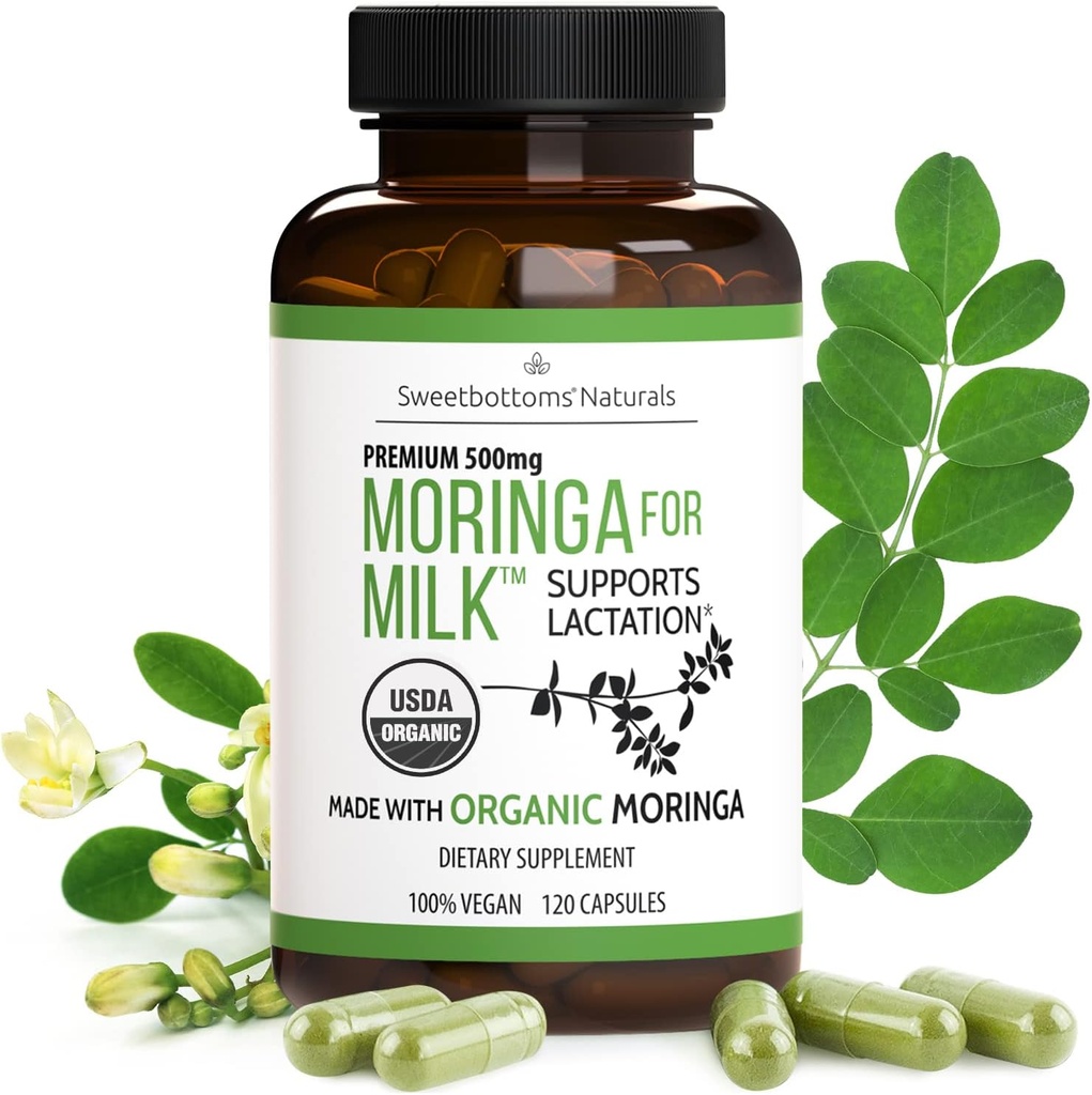Supplément d'allaitement - Capsules de moringa biologique pour l'allaitement pour augmenter l'offre de lait maternel (120 ct) Pure Malunggay Poudre de feuille pour la production de lait Booster et vitamines postnatales A E K 500mg