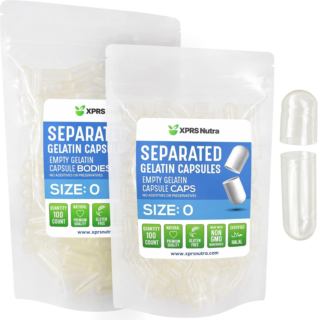 XPRS Nutra Gélatine Taille 0 Capsules séparées - 100 Compter Capsules vides claires Séparées dans des sacs - Taille 0 Pilules de gélatine - Bouchons de gel transparents pour le remplissage de supplément de bricolage