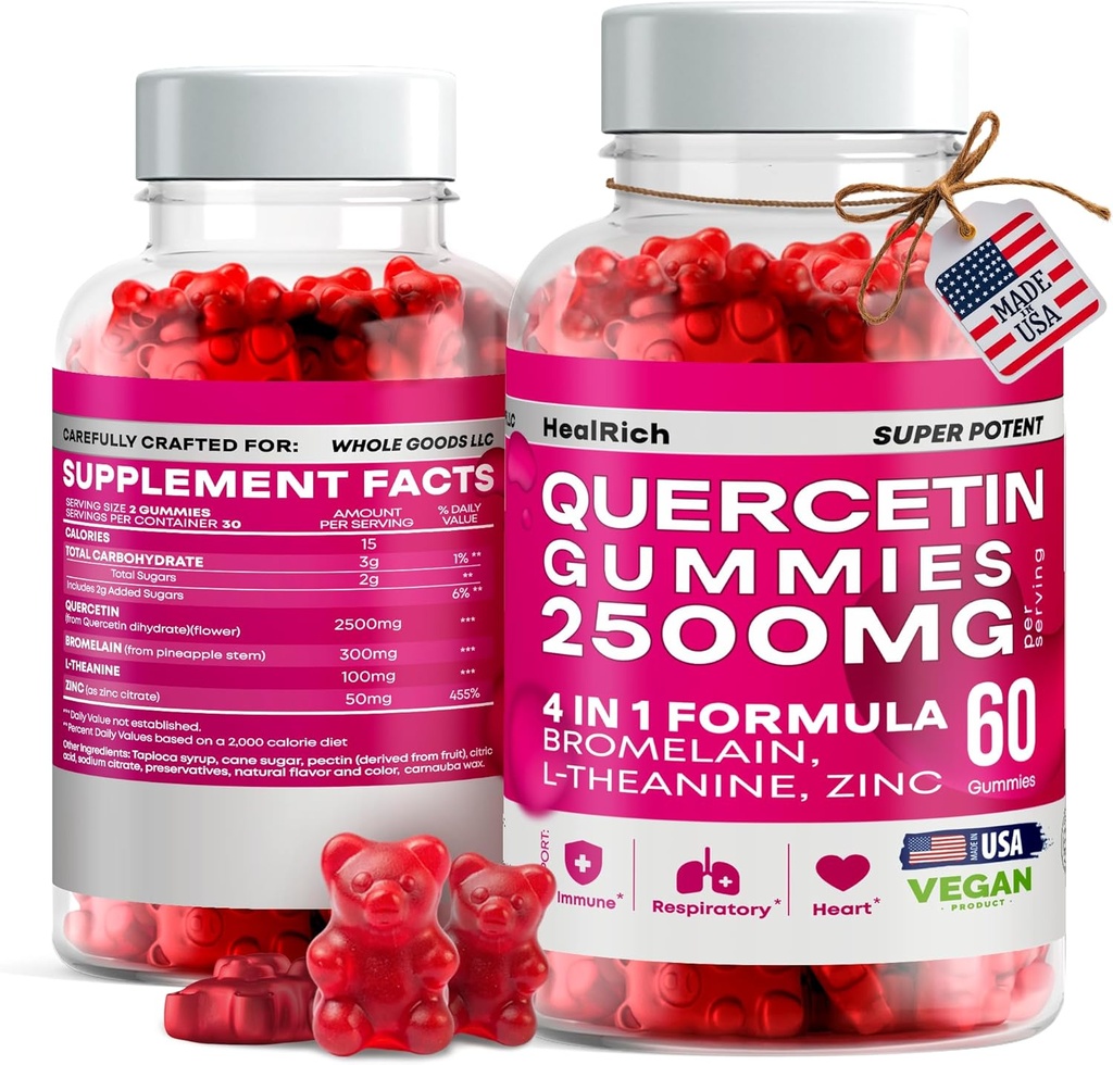 Gummies Quercetin - 2500MG avec Bromelain, L-Theanine & Zinc Vegan Immmune Supplément de soutien pour enfants et adultes - Allergie Relief & Santé pulmonaire