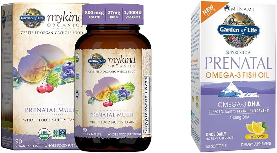 Jardin de la vie Femmes Prénatales Multivitamine avec vitamine D3, B6, B12, C & Fer et prénatal DHA Omega 3 Huile de poisson - Minami Prénatal naturel, 60 Softgels