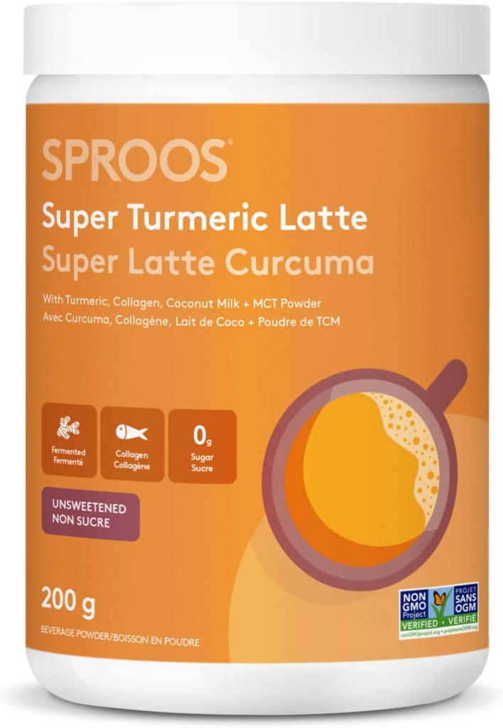 SPROOS Super Turmeric Latte.Curcuma biologique + Colagène marin, poudre MCT, poudre de lait de coco biologique, curcuma fermenté et épices.