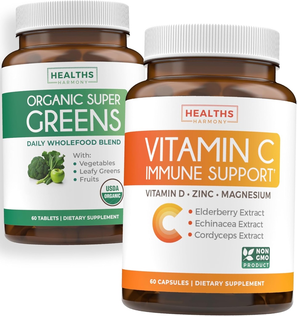 Super Greens & Vitamine C (1-Mois d'approvisionnement) Greens & C Synergy Bundle of Organic Super Greens Poudre - Superfood complet (60 capsules) & & Vitamine C Immune Support (60 capsules végétariennes) (non-OGM)
