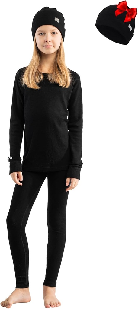 Ensemble pour enfants de base en laine Merino - Sous-vêtements thermiques en laine Merino mi-poids unisexe pour enfants Haut, Bas, Bonnet de Cuff