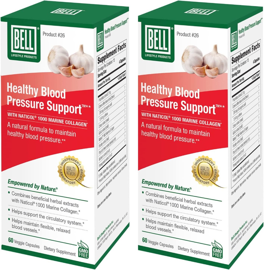 Bell Healthy Blood Pressure SupportTM Unique Blend - Mélange naturel d'extrait de café vert, d'ail et de graines de céleri Extrait de suppléments de pression artérielle - 2 boîtes de 60 capsules chacune, végétalienne, non-OGM