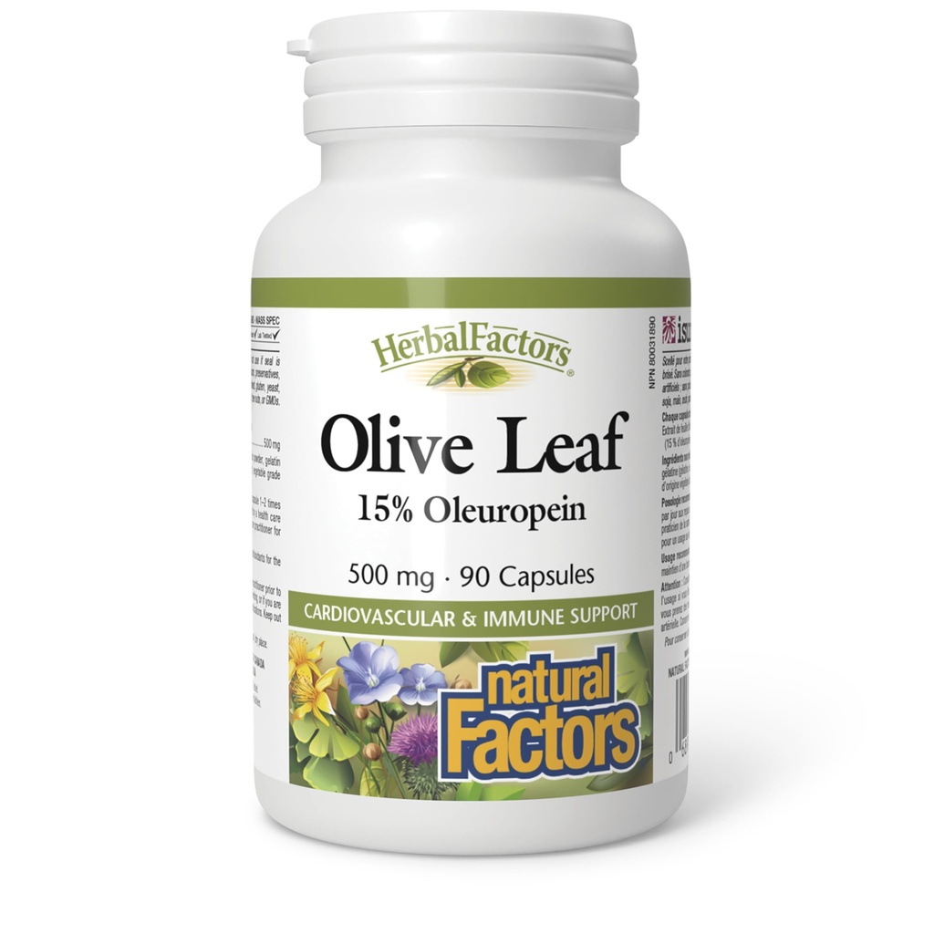 HerbalFactors par facteurs naturels, Olive Leaf 500 mg, Formule de bien-être naturel, 90 Capsules