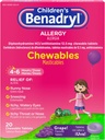 Benadryl Children's Allergy Medicine Chewables with Diphenhydramine HCl, Chewable Kids' Antihistamine Comprimés pour soulager les symptômes d'allergie comme les yeux éternuants et démangeaisons, arômes de raisin, 20 ct