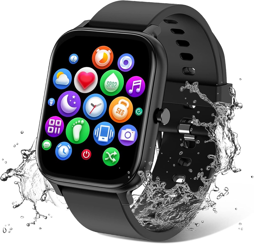 Smart Watch for Men Femmes Compatible avec iPhone Samsung Android Phone 1.83 pouce Plein écran tactile IP68 Imperméable Bluetooh Fitness Tracker Heart Rate/Sleep Monitor, Noir