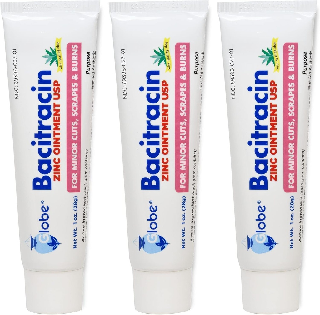 Globe (3 Pack) Bacitracine Zinc Ointment + Aloe 1oz - La force maximale Antibiotique pour la guérison des plaies - Solution thématique dédiée pour les coupures, brûlures, éraflures - Infection de la peau et essentiels des premiers soins