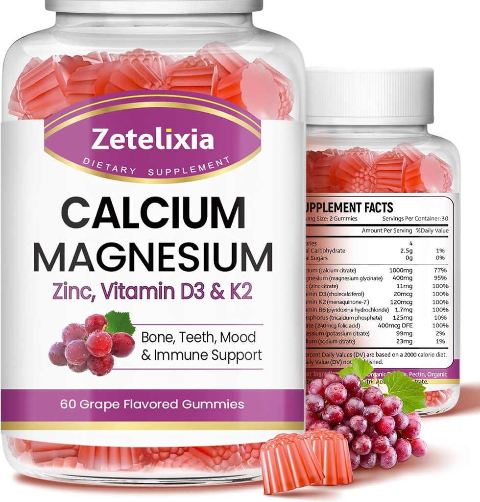 Gommies de calcium, zinc de magnésium de calcium avec vitamine D3 et K2, supplément de magnésium de calcium pour les muscles de B0nes, arômes de raisin - 120 Compte