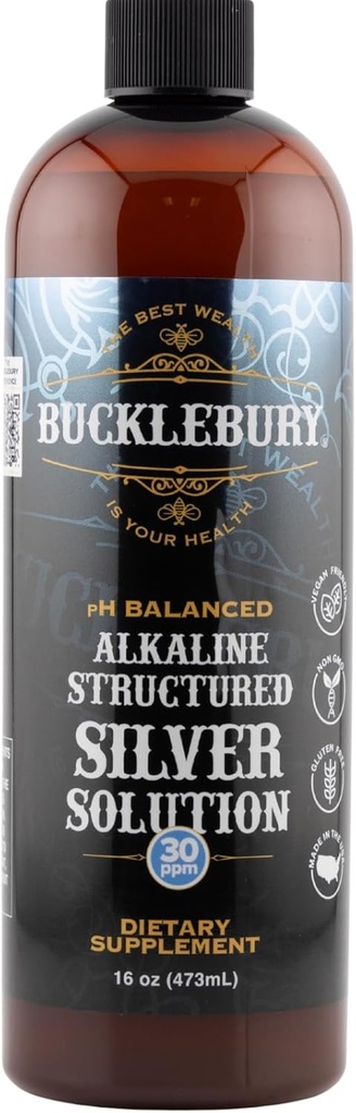 Bucklebury Silver Solution Liquide 30ppm - pH équilibré Alcaline naturelle structurée Colloïdal Argent liquide pour l'immuno support et santé globale - gouttes colloïdales sans gluten pour adultes et animaux de compagnie - 16Oz