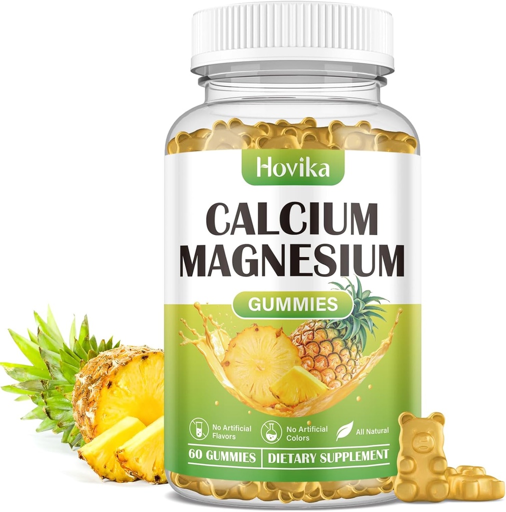 Calcium Magnésium Zinc Gummies, Calcium Magnesium 2:1 Rapport avec la vitamine D3, K2, B6, B12 pour la force osseuse, la fonction musculaire et la santé nerveuse, formule d'absorption supplémentaire, végétalien, ananas Flavor 60 Gummies