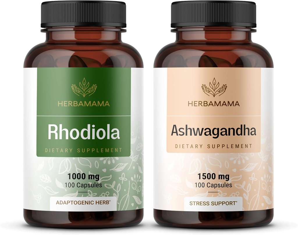 HERBAMAMA Rhodiola Rosea et Ashwagandha Kit - Ensemble de 1000 mg Rhodiola Rosea Capsules &1500 mg Ashwagandha Capsules Racines - Vegan, Non-OGM, Sans Gélatine - 2 Pack