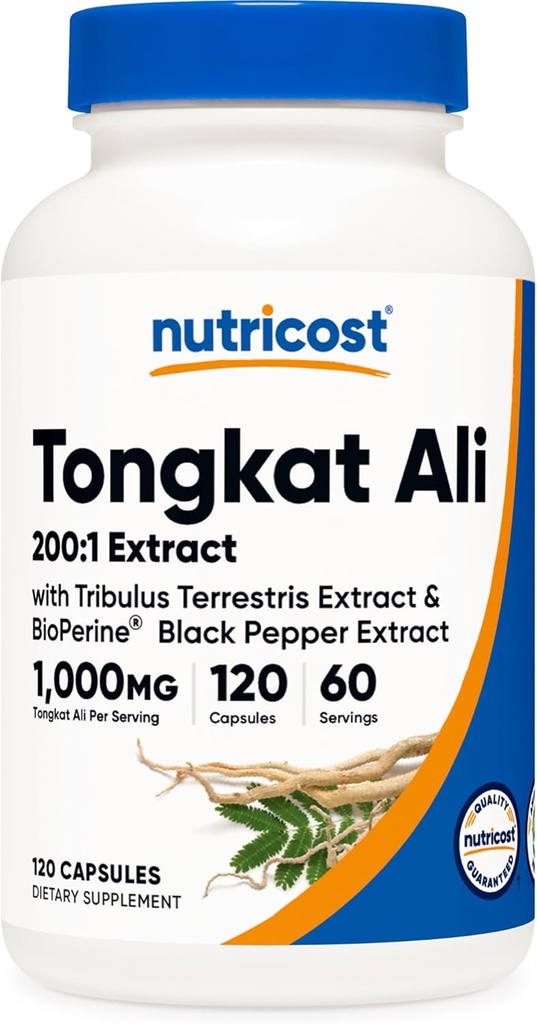Nutricost Tongkat Ali 1000mg 120 Capsules - avec Tribulus Terrestris et BioPerine, Caps végétariens, Non-OGM, Sans gluten, Extrait Potentiel