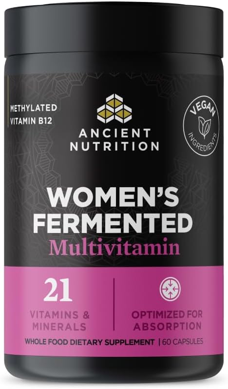 Multivitamine de nutrition ancienne pour les femmes, multivitamine fermentée pour les femmes avec vitamine C, D, K, zinc et magnésium, soutien immunitaire, végétalien, 60 Ct