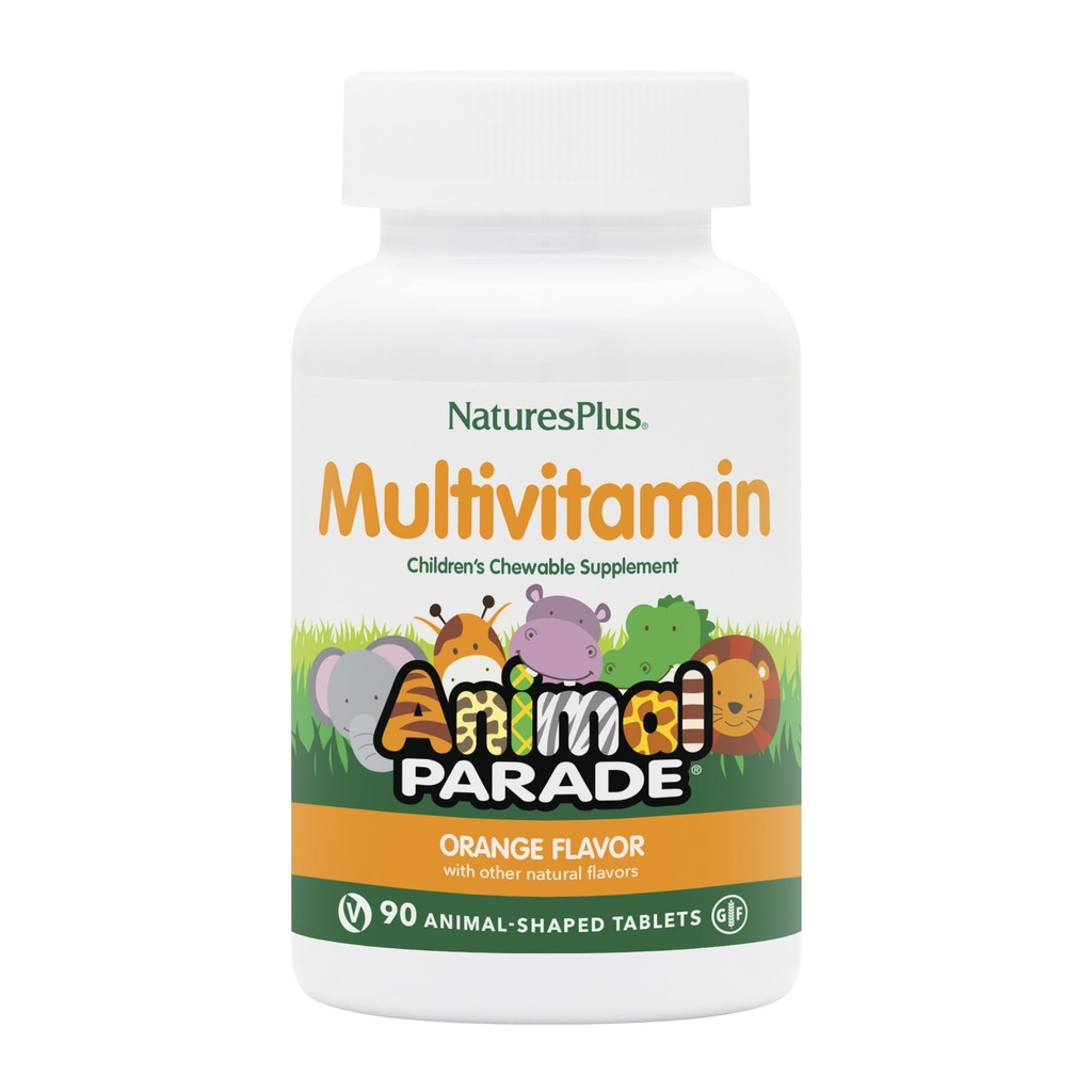 Natures Plus Parade animale Multivitamine à croquer pour enfants - Arôme orange - 90 comprimés en forme d'animal - Promotion de la santé et du bien-être - Végétarien, sans gluten - 45 portions