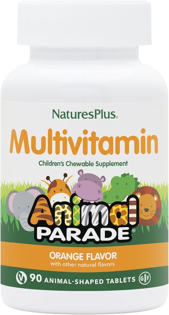 Natures Plus Parade animale Multivitamine à croquer pour enfants - Arôme orange - 90 comprimés en forme d'animal - Promotion de la santé et du bien-être - Végétarien, sans gluten - 45 portions