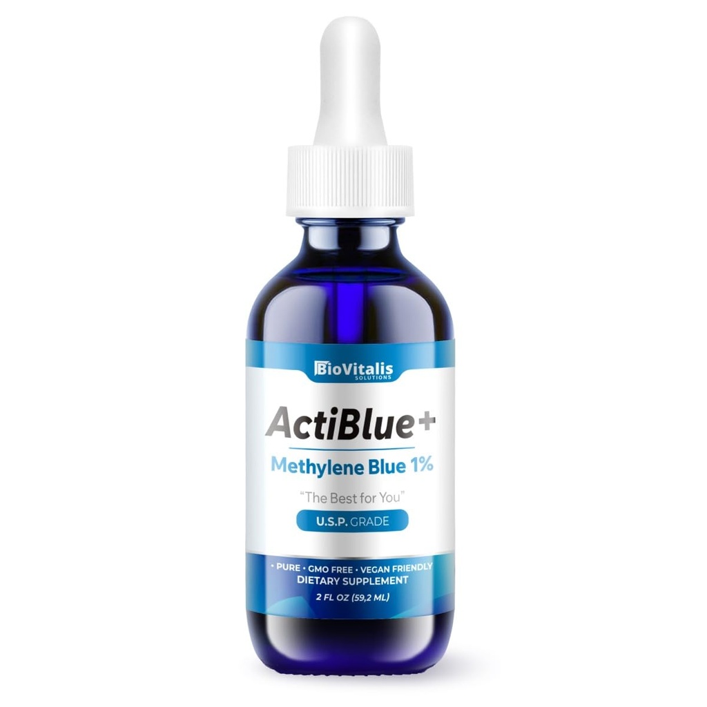 Actiblue+ Méthylène Bleu 1% : Méthylène Bleu Laboratoire tiers certifié ISO testé 99,9% Pas de formaldéhyde Pas d'alcool Pas de gluten & OGM(2Fl. Oz)