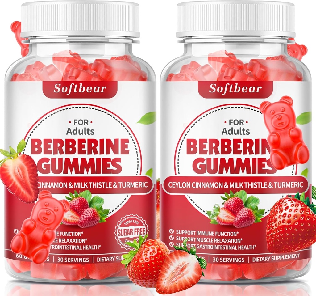 softbear Berberine avec Ceylan Cinnamon Gummies Berberine biologique HCL 1500mg pour le métabolisme Immune santé suppléments Berberine sans sucre Fraise Aromatisé 120 Compte