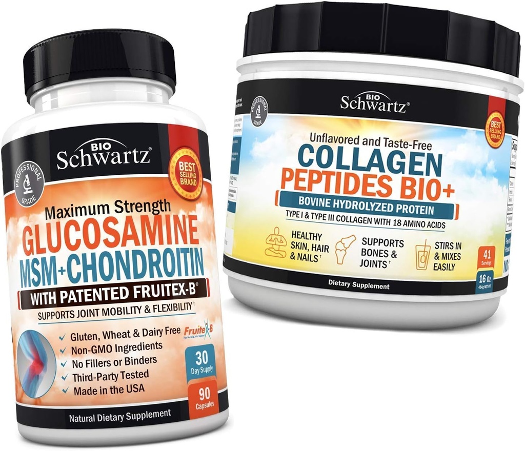 BioSchwartz Glucosamine Chondroïtine MSM + Collagène Peptides Poudre - Bone Santé & Soutien articulaire - Favorise la flexibilité et soutient le cartilage