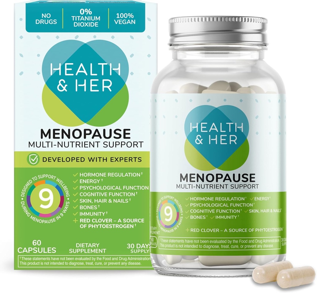 Health & Her Menopause Supplements for Women - Multi-Nutrient Support, Menopause Vitamins for Energy, Bones, Muscles, Skin & Hair, Vegan, Gluten-Free, Non GMO (60ct - 1 Month)