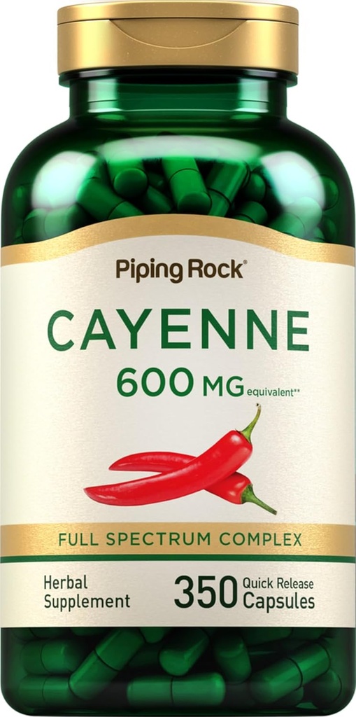 Piping Rock Cayenne Pepper Capsules | 600mg | 350 Count | Concentrated Extract Supplement | Non-GMO, Gluten Free
