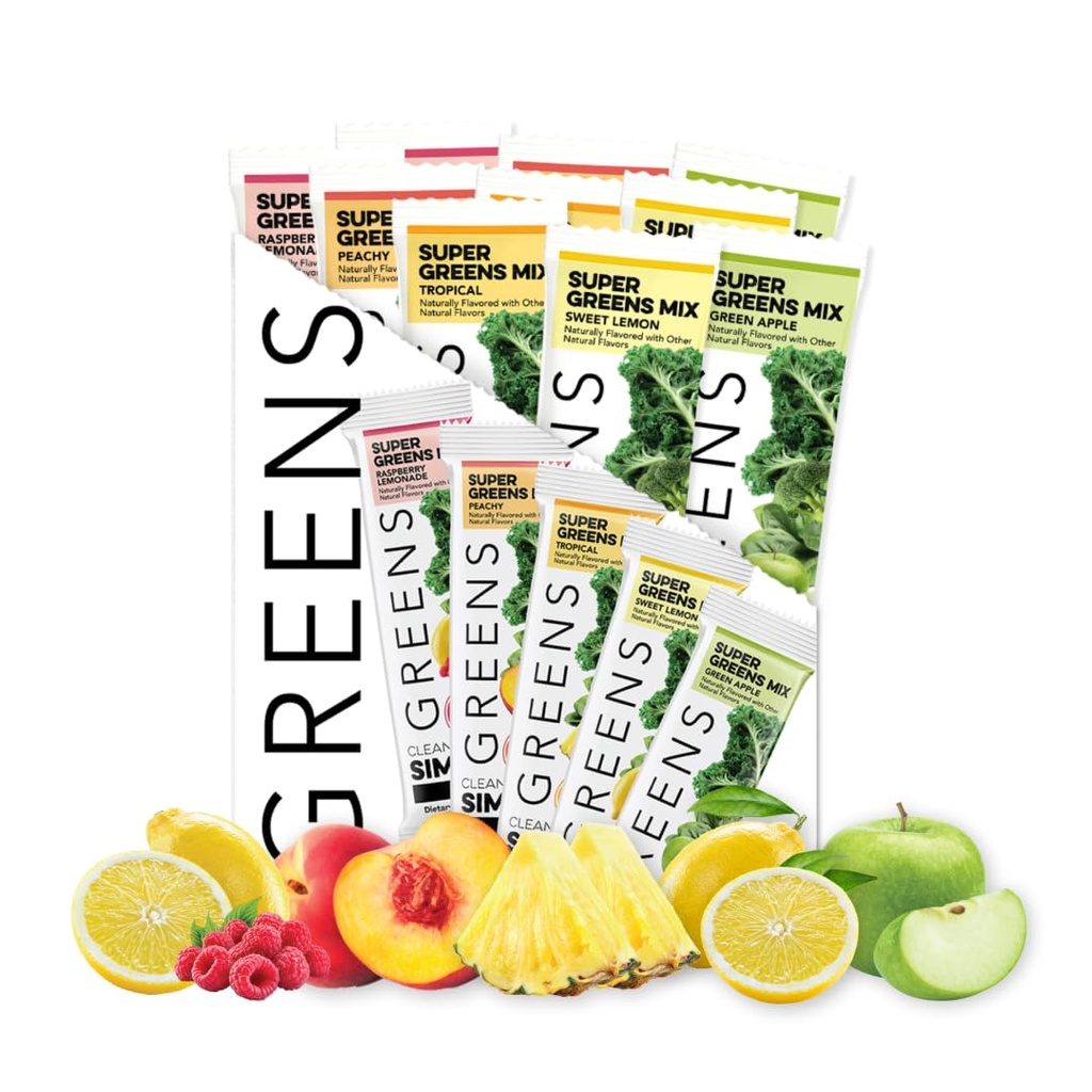 Nettoyer les aliments simples Verts Variété 10 Pack, Mélange de poudre de vert, emballé avec des superaliments Chlorella et Spiruline, comprend 5 saveurs délicieuses: pêche, pomme verte, citronnade aux framboises, citron doux et tropical