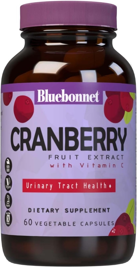 Bluebonnet Nutrition Extrait de fruits de canneberge, soutien au piège urinaire*, non-OGM, certificaté en casher, végétalien, sans gluten, sans soja, sans lait, 60 capsules végétales, 60 portions