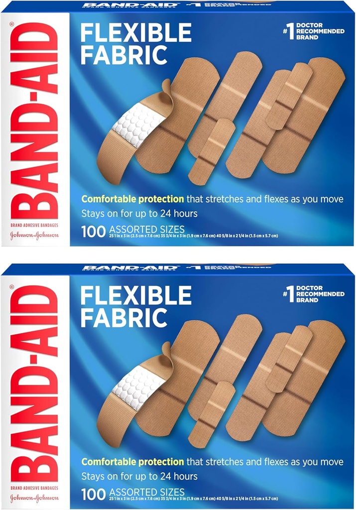 Bandes adhésives adhésives de marque BAND-AID avec tissu de mémoire-weave, coussinet de confort d'aide à la quilt et coussinet sans malt; soin des blessures pour les coupures mineures, les éraflures et les blessures, tailles assorties, 2 x 100 Nombre