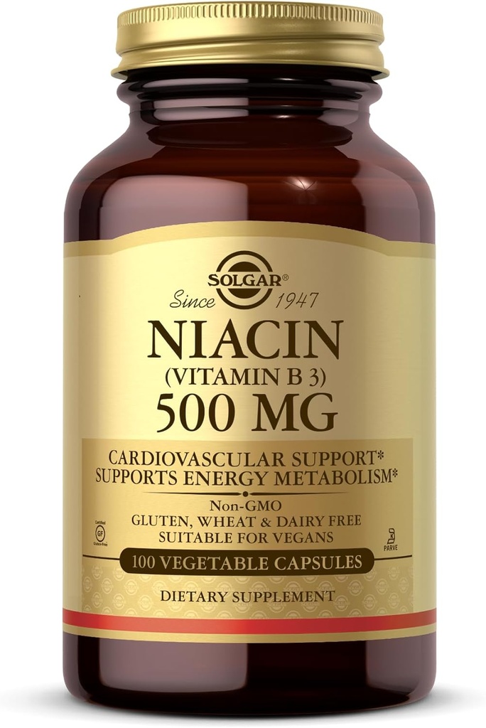 Solgar Niacine (Vitamine B3) 500 mg, 100 capsules végétales - Métabolisme énergétique - Non-OGM, végétalien, sans gluten, sans produits laitiers, sans casher - 100 portions