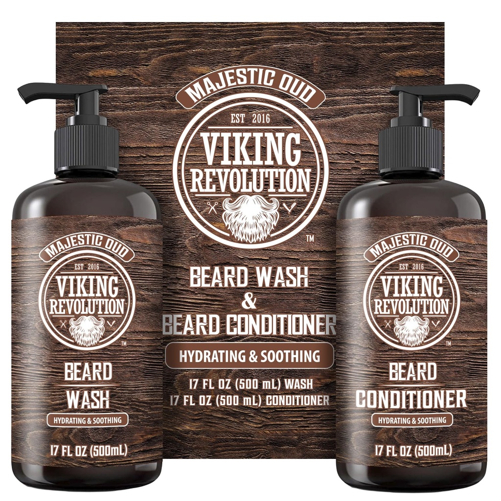 Viking Revolution Beard Wash and Beard Conditioner for Men with Argan Oil and Jojoba Oil - Beard Softener and Strengthener Beard Care Beard Shampoo and Conditioner with Beard Oil (17oz, Majestic Oud)