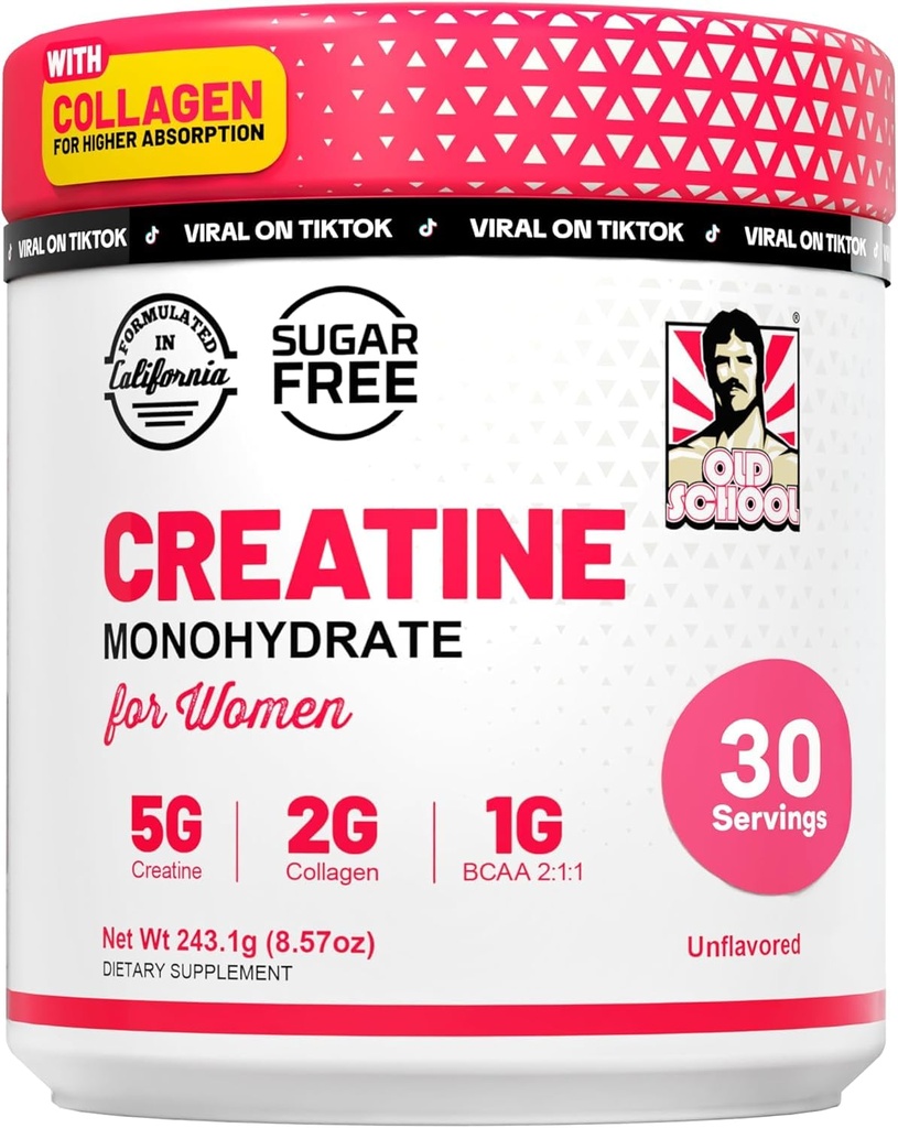 Old School Labs Creatine pour les femmes – Supplément post-entraînement avec 5000mg de poudre monohydratée de créatine, 2000mg Collagène et BCAA 2:1:1 pour le soutien de la force et la récupération – Non aromatisé - 8.57 Ounce (Pack de 1)