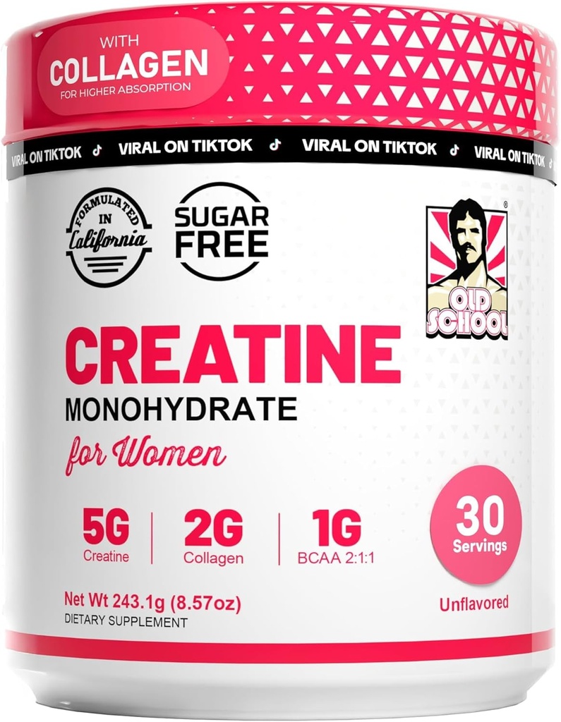 Old School Labs Creatine pour les femmes post-entraînement Supplément - 5000mg Creatine, 2000mg Collagène Bovin Hydrolysé et BCAA 2:1:1 pour la croissance musculaire maigre, la récupération rapide et l'endurance - 30 portions