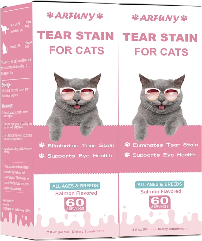 2 Packs Supplément de Tear Stain pour le chat - Prévenir et éliminer les étamines de Tear Cat 60ML gouttes pour la santé des yeux, système immunitaire - avec canneberge, marshmallow et vitamines - saumon