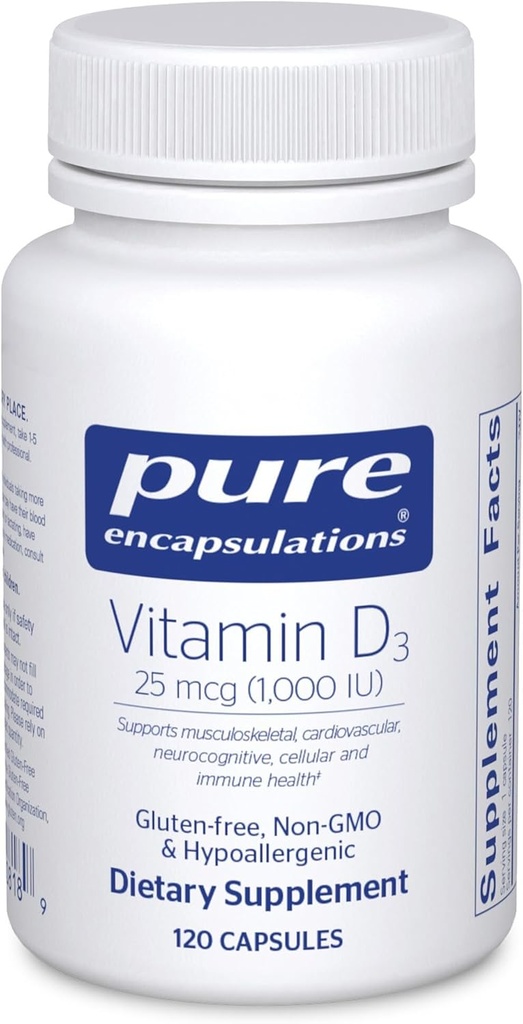 Encapsulations pures Vitamine D3 25 mcg (1 000 UI) - Supplément pour soutenir la santé des os, des articulations, du sein, du cœur, des colonies et des immunes - avec la vitamine D premium - 120 capsules