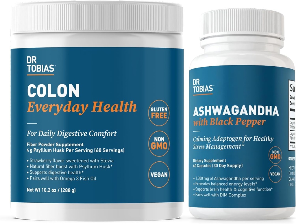 Dr Tobias Colon Everyday Health et Ashwagandha Capsules, Groupe de bien-être et résilience digestifs, soutient l'équilibre énergétique et la santé gut, végétalien, non-OGM
