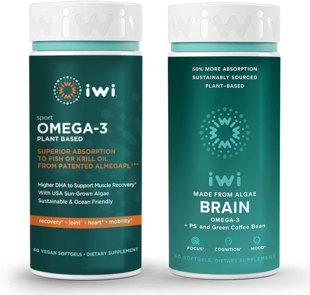 iwi Omega-3 Sport & Cerveau Omega-3 Bundle, 30 portions, Algae Omega 3 à base végétale végétalienne avec EPA + DHA, Krill & Fish Oil Alternative, Aucun arrière-goût de poisson