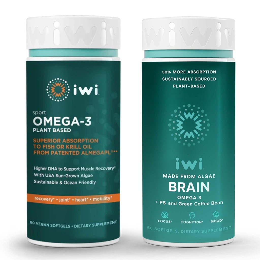 iwi Omega-3 Sport & Cerveau Omega-3 Bundle, 30 portions, Algae Omega 3 à base végétale végétalienne avec EPA + DHA, Krill & Fish Oil Alternative, Aucun arrière-goût de poisson