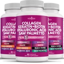 NOUVELLE AGE Pilules de collagène Biotine Sciure de kératine Palmetto Acide hyaluronique- Vitamine E Acide folique Semence de citrouille MSM- 270 Compte