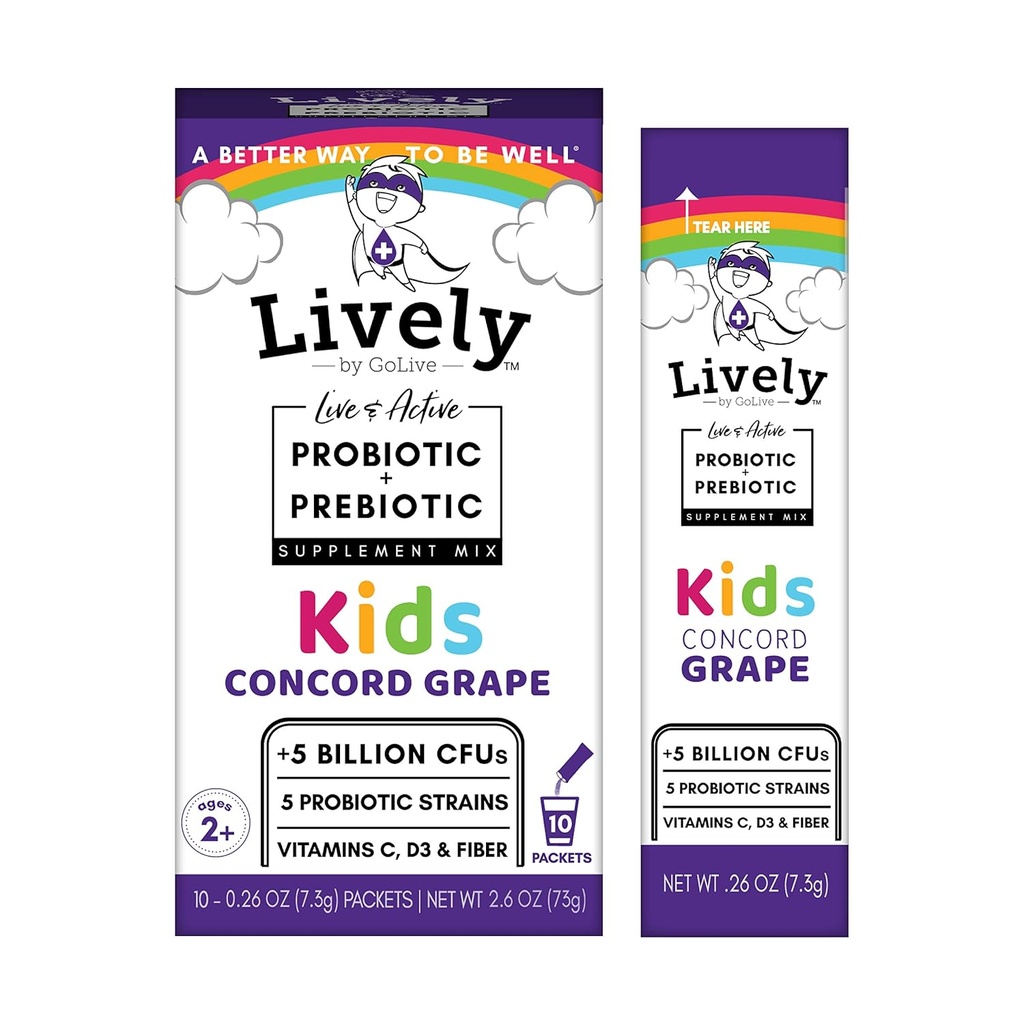 Vivant (par GoLive) KIDS CONCORD GRAPE Synbiotique (Probiotiques+Prébiotiques); 5 souches cliniques; +5 milliards d'UFC. Probiotiques et prébiotiques KIDS pour la digestion, le métabolisme, l'immunité. (10 emballages)