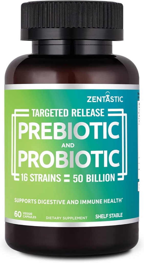 Zentastic Probiotics & Prebiotics Supplement - 50 Billion CFU - for Men & Women’s Immune & Digestive Health - 16 Strains - Shelf Stable - 60 Delayed Release Veggie Capsules