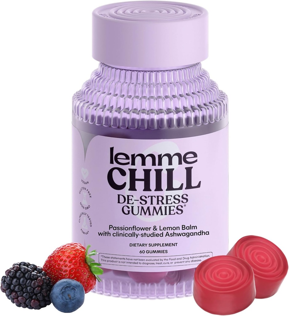 Lemme Chill Stress Relief Gummies avec 300mg KSM-66 Ashwagandha, Lemon Baume, Passionflower & Goji pour soutenir la relaxation, le cortisol sain et le sommeil - sans gluten, sans OGM, baie mixte (60 comte)