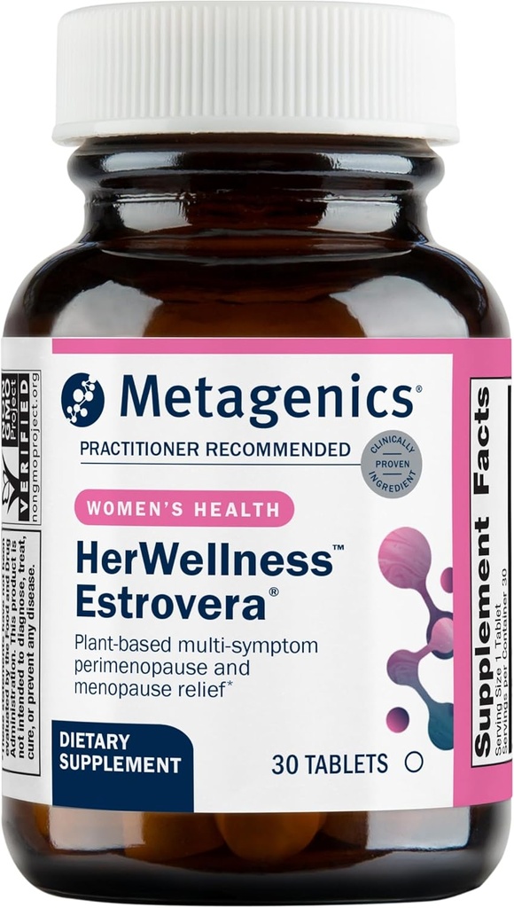 Métagène HerWellness Estrovera - Periménopause et soutien à la ménopause tout naturel, sans hormones - pour les éclairs chauds, le soulagement de la ménopause, la sueur nocturne - sans gluten - végétarien - non-OGM - 30 comprimés