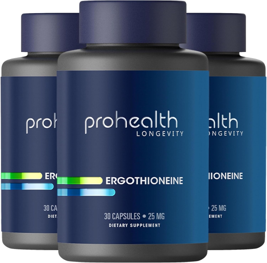 ProHealth Ergothioneine 5X Strength. 25mg Dose de recherche clinique. Supplément de champignons acides aminés naturels pour une meilleure cognition, santé cardiaque. Vitamine de longue durée. 25 mg/serveur, 30 portions (3 emballage)