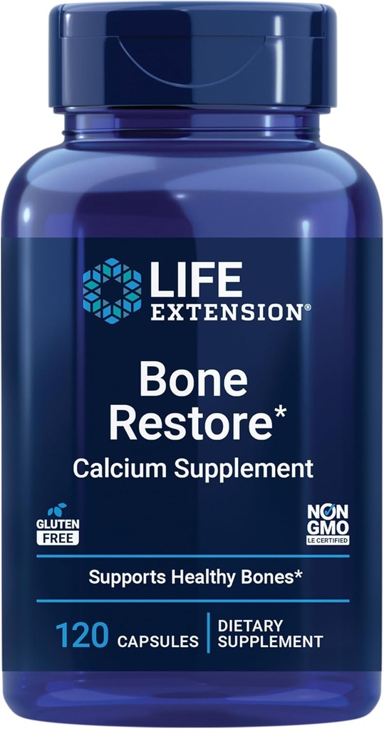 Life Extension Bone Restore Calcium Supplement, Vitamin D3, Magnesium, Boron, zinc, Manganese, Silicon, Helps Maintain Healthy Bone Density, Gluten-Free, Non-GMO, 120 Capsules