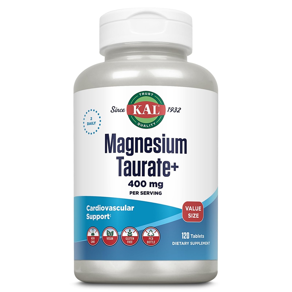 KAL Magnésium Taurate 400mg Plus vitamine B6, supplément de magnésium chélaté, complexe de magnésium à absorption élevée, soutien de santé musculaire et cardiaque, végétalien, sans gluten, garantie de 60 jours, 60 portions, 120 onglets