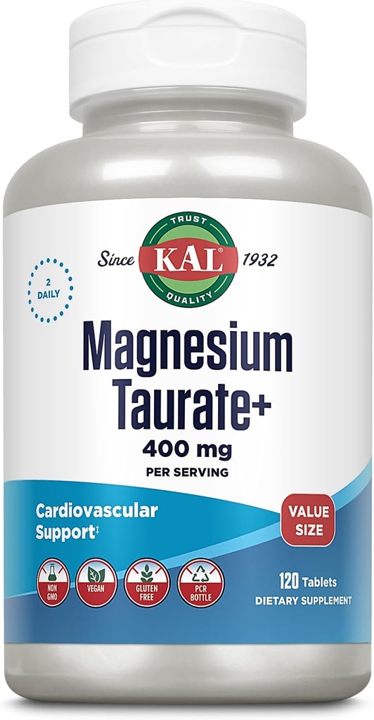 KAL Magnésium Taurate 400mg Plus vitamine B6, supplément de magnésium chélaté, complexe de magnésium à absorption élevée, soutien de santé musculaire et cardiaque, végétalien, sans gluten, garantie de 60 jours, 60 portions, 120 onglets