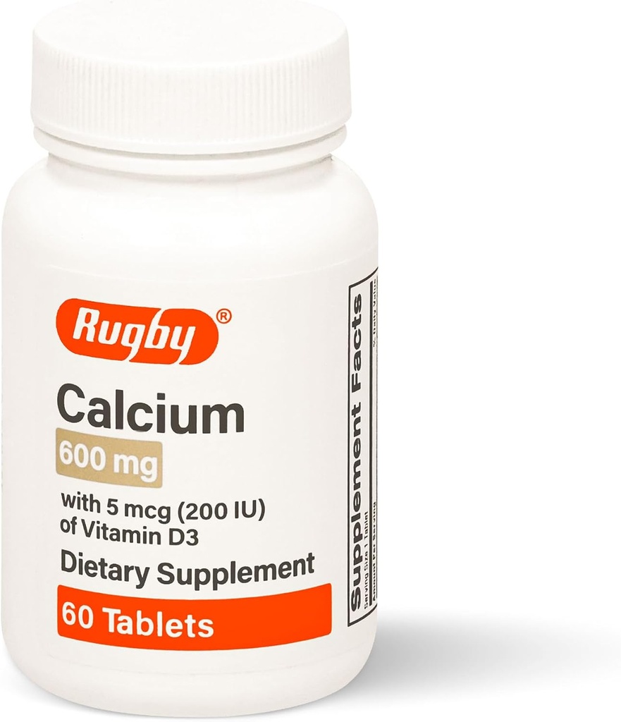 Rugby Calcium 600 mg Tablets with Vitamin D3 200IU (5 mcg) - Gluten-Free Daily Vitamin D Dietary Supplement for Bone Health and Calcium Absorption, 60 Count (1 Pack)
